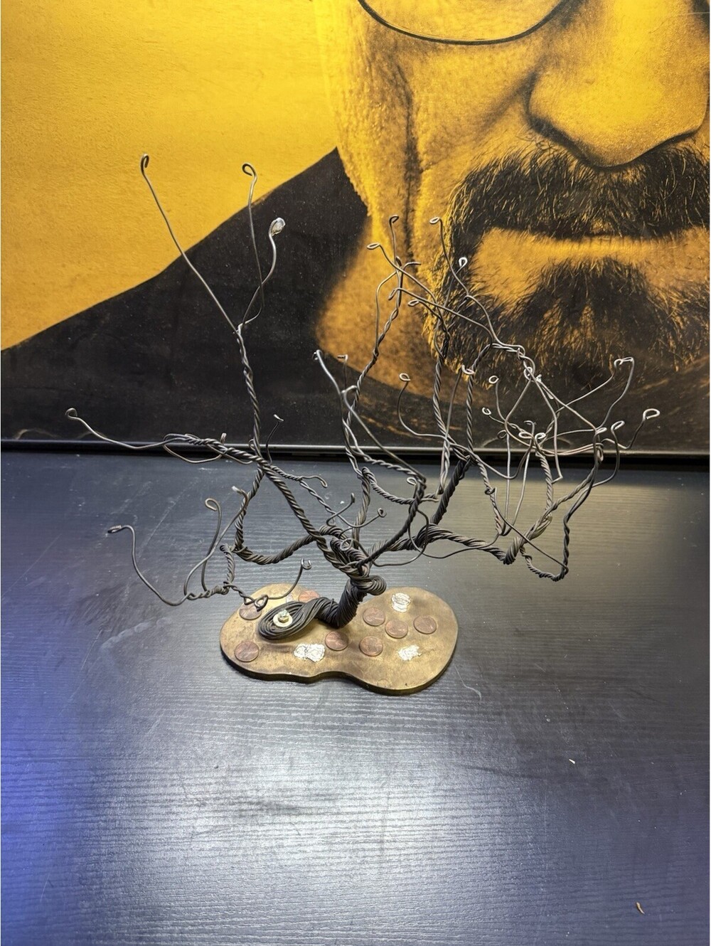 Vintage Brutalist Wire Bonsai Tree Sculpture on Heavy Brass Penny Base 1980s